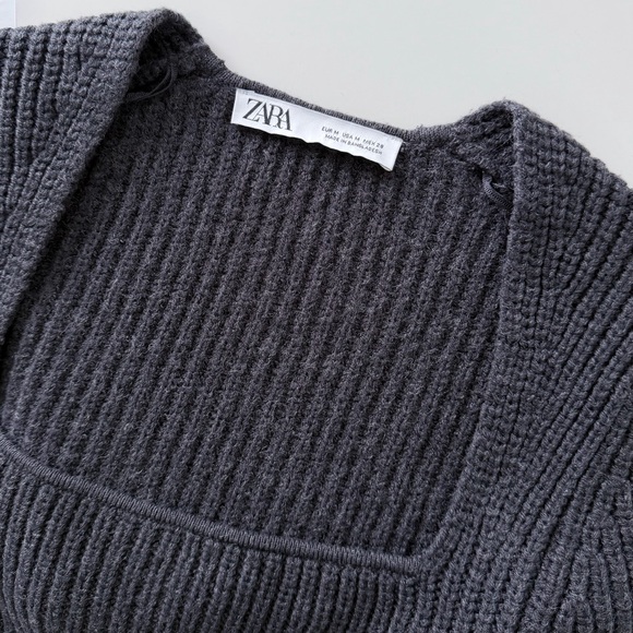 ZARA Ribbed Cropped Knit Top Square Neck Long Sleeve Charcoal Gray Medium - Picture 5 of 13